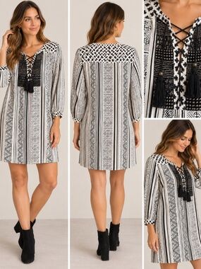 Mango XL Black White Boho Tunic Dress Beaded Lace Up Tassel Tribal Geometric